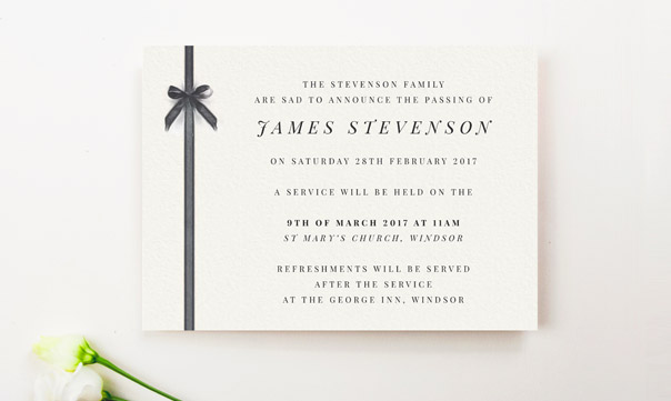 Funeral Announcement Cards A simple funeral announcement card design. The funeral invitation is printed with a serif font, black ribbon and bow motif down the left of the card.