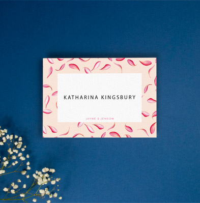 Place Card Printing A table place card for weddings, personalised with a wedding guest’s name. It is a floral place card design, sat on a navy-blue background