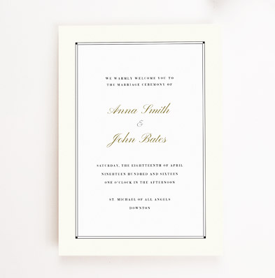 Wedding Order Of Service An A5 printed wedding order of service. It is a traditional wedding program booklet with a simple cream and black border. It has a gold font.