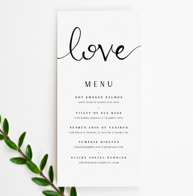Wedding Menu Printing A tall and thin wedding menu card design. The menu has the word “love” printed at the top, above the details of a wedding feast.